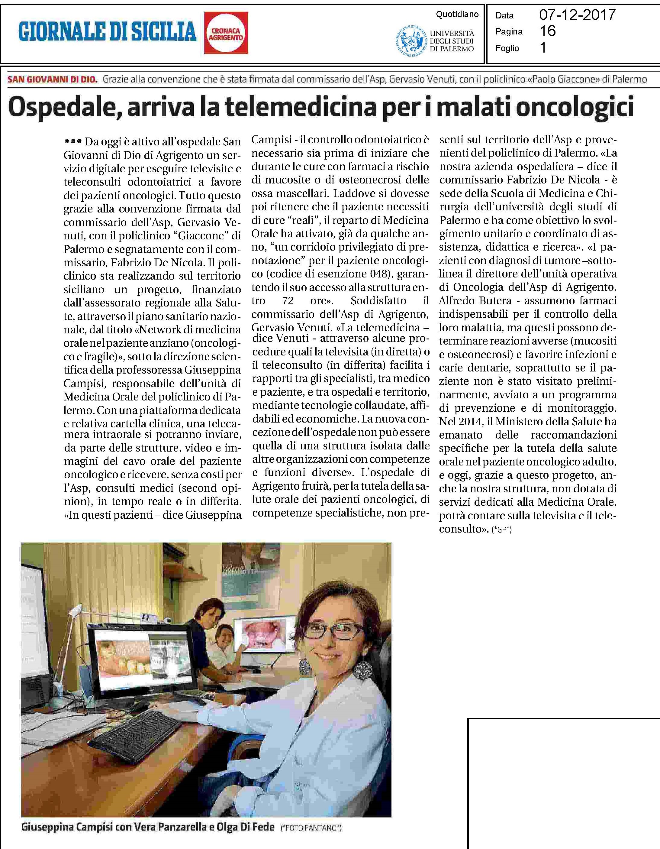 Articolo telemedicina odontostomatologica ad Agrigento 7 dicembre 2017 GdS-1